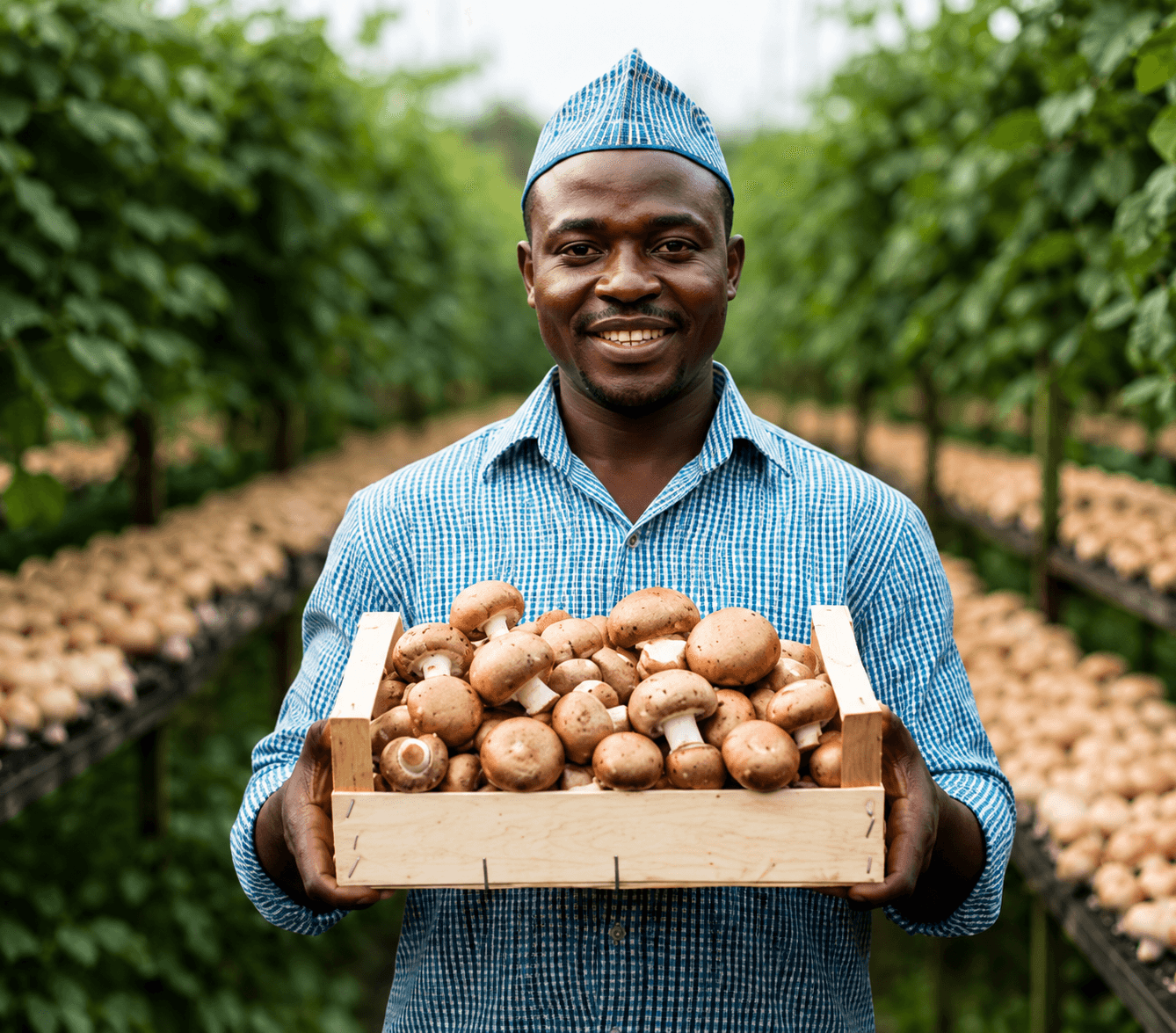 Nigerian mushroom farmer holding a crate of fresh mushrooms